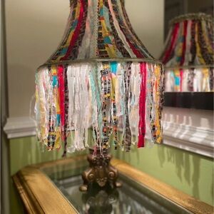 Red and Yellow Decorative Fringe Accent Upcycled Brass Lamp